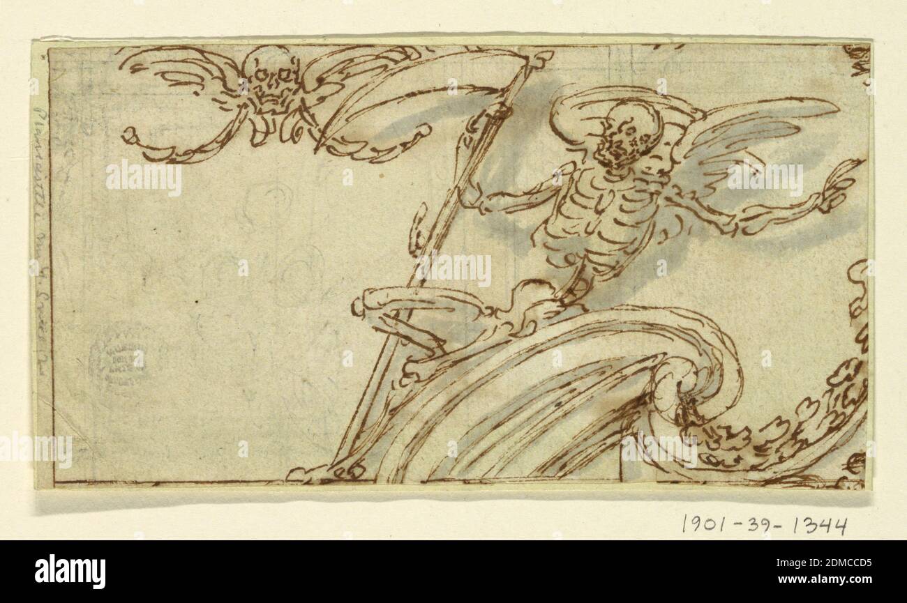 Projekt für ein Grabdenkmal, schwarze Kreide, Stift und Tinte, Pinsel und Bistre, graue Wasserfarbe auf Papier, horizontales Rechteck mit einem geflügelten Skelett mit einer Sense auf dem Gesims eines gebrochenen Giebels sitzend. Oben links, an einem geflügelten Schädel hängen Festoons., Italien, 1625–1650, Ornament, Zeichnung Stockfoto