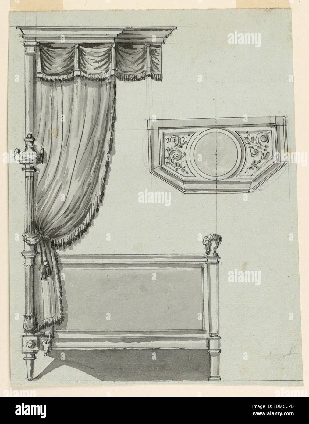 Originalzeichnungen, Richard de Lalonde, französisch, aktiv 1780–96, Feder und schwarze Tusche, Pinsel und Wäsche auf grünlich gekleidtem Papier, Profilansicht und Plan des Himmelbettes mit Drapierungen und mit weiblichen Büsten., Frankreich, 1780–96, Möbel, Zeichnung Stockfoto