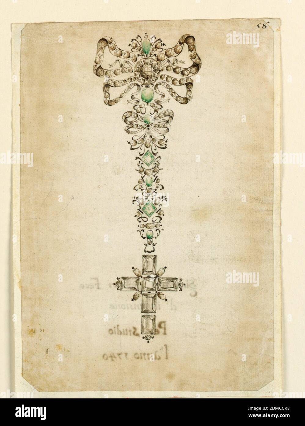 Design für Anhänger mit Kreuz, Girolamo Venturi, Stift und Tinte, Pinsel und Sepia, grünes Aquarell auf Papier, große bis kleine Bögen mit grünen Steinen, die zum hängenden Kreuz führen., Italien, ca. 1740, Schmuck, Zeichnung Stockfoto