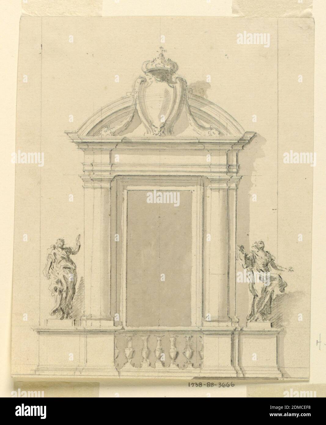 Anhebung eines Türgehäuses für die Mitte einer façade im Erdgeschoss, Filippo Marchionni, italienisch, 1732–1805, Graphit auf Papier, der Türrahmen ist wie eine Aedikula geformt, mit einem runden Giebel. Die Sockel der eingebetteten Säulen sind durch eine Balustrade verbunden. Sie werden von den Sockeln der Pilasterstreifen und der Statuen flankiert. Links ist „Prudence“ zu sehen, rechts eine weitere allegorische Figur einer Frau. Vor dem Giebel steht ein königlicher Eskuttscheon, an dem Girlanden hängen., Italien, ca. 1790, Architektur, Zeichnung Stockfoto