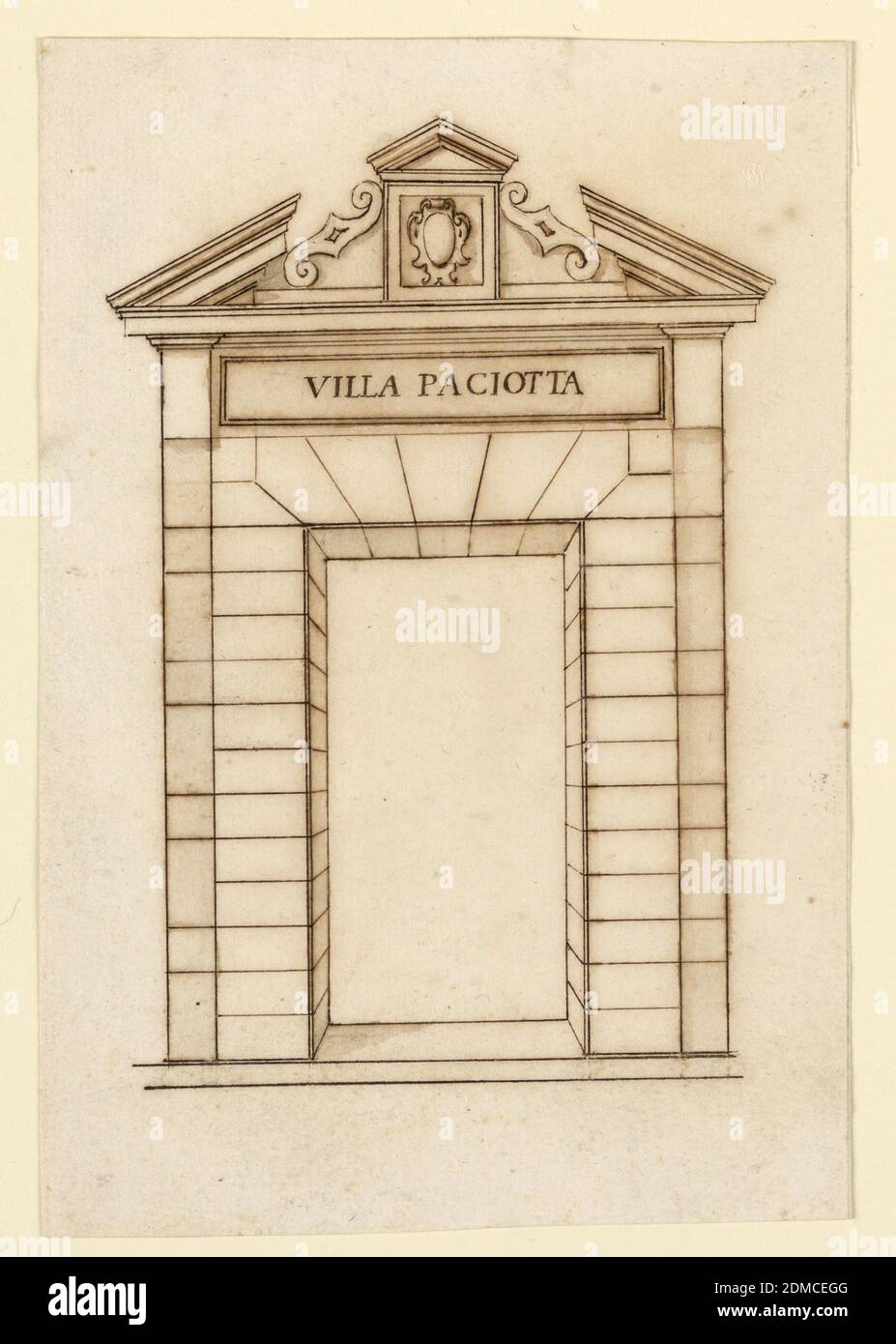Design für einen Türrahmen, Stift und braune Tinte auf cremefarbenem Papier, gefüttert, viereckige Türöffnung. Gebrochener Giebel mit scrollenden Voluten und einem Escutcheon in der Mitte., Italien, ca. 1575, Architektur, Zeichnung Stockfoto