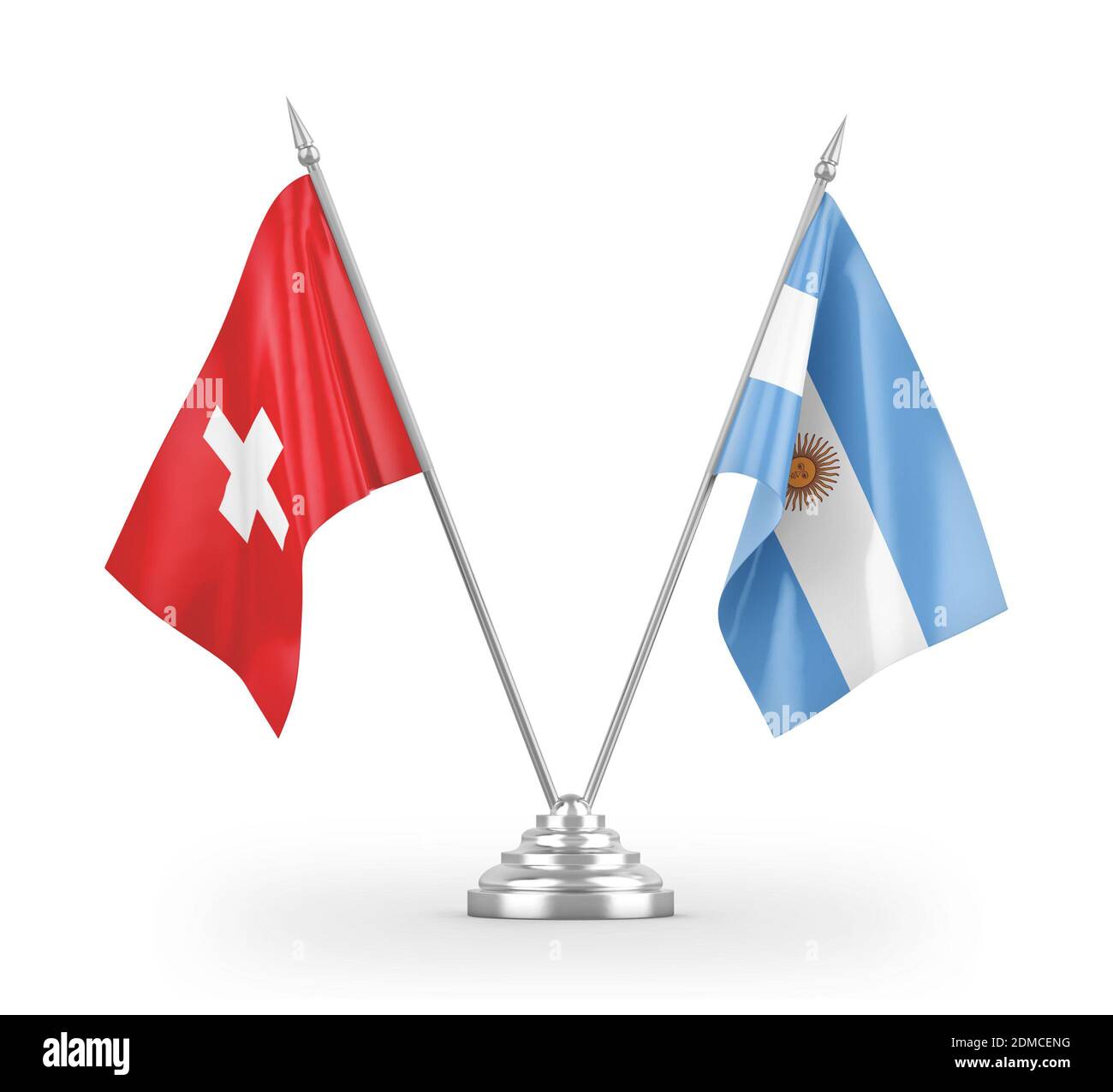 Argentinien und die Schweiz Tischflags isoliert auf weißem 3D-Rendering Stockfoto