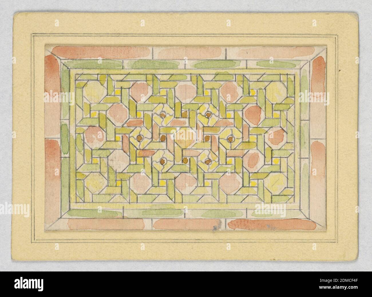 Design für Glasmalerei, Alice Cordelia Morse, amerikanisch, 1863–1961, Pinsel und Gouache, Graphit auf Papier montiert auf tan Illustration Board, rechteckige Fenster in grün, gelb und Lachs, in gewebten Muster., USA, Ende des 19. Jahrhunderts, Architektur, Innenräume, Zeichnung Stockfoto