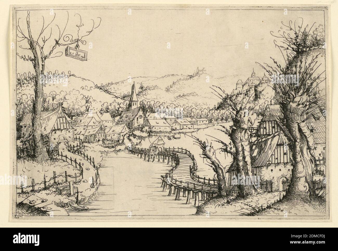 Landschaft mit gewundener Holzbrücke, Augustin Hirschvogel, 1503 – 1553, Radierung auf gedeckten Papier, Deutschland, 1546, Landschaften, Druck Stockfoto