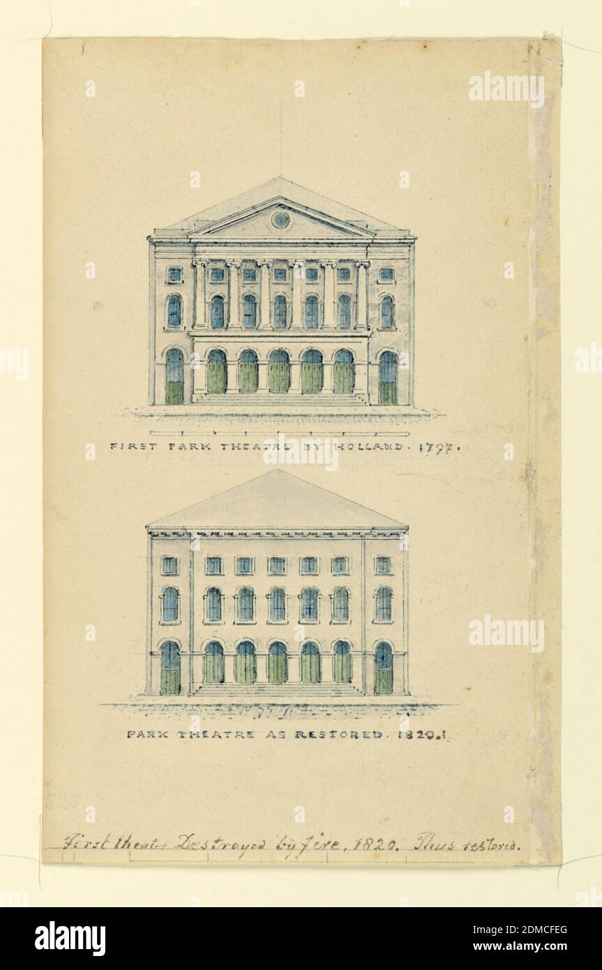 Zwei Erhebungen der Fassaden des Park Theatre, New York, Alexander Jackson Davis, Amerikaner, 1803–1892, Stift und Tinte mit blauen, grünen und grauen Wäschen auf cremefarbenem Papier, Vertikales Rechteck. Oben: Zweigeschossiges Giebel-Gebäude, mit Aufschrift 'First Park Theatre by Holland 1797' und unten, das gleiche Gebäude ohne Giebel, mit Aufschrift 'Park Theatre as restored 1820.1'. Am unteren Rand: 'First Theatre Destroyed by Fire 1820'., USA, ca. 1821, Zeichnung Stockfoto