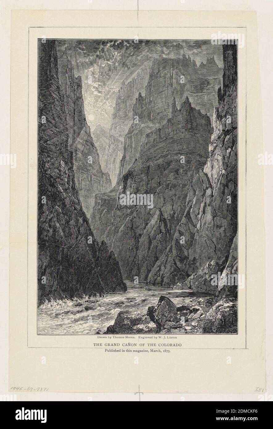 The Grand Cañon of the Colorado, Thomas Moran, American, B. Großbritannien, 1837–1926, William James Linton, Englisch, 1812–1898, Holzstich auf cremefarbenem Wove-Papier, Sonne scheint durch hohe Bergklippen, enge Öffnung mit durchlaufendem Fluss., England und USA, März 1875, Landschaften, Druck Stockfoto