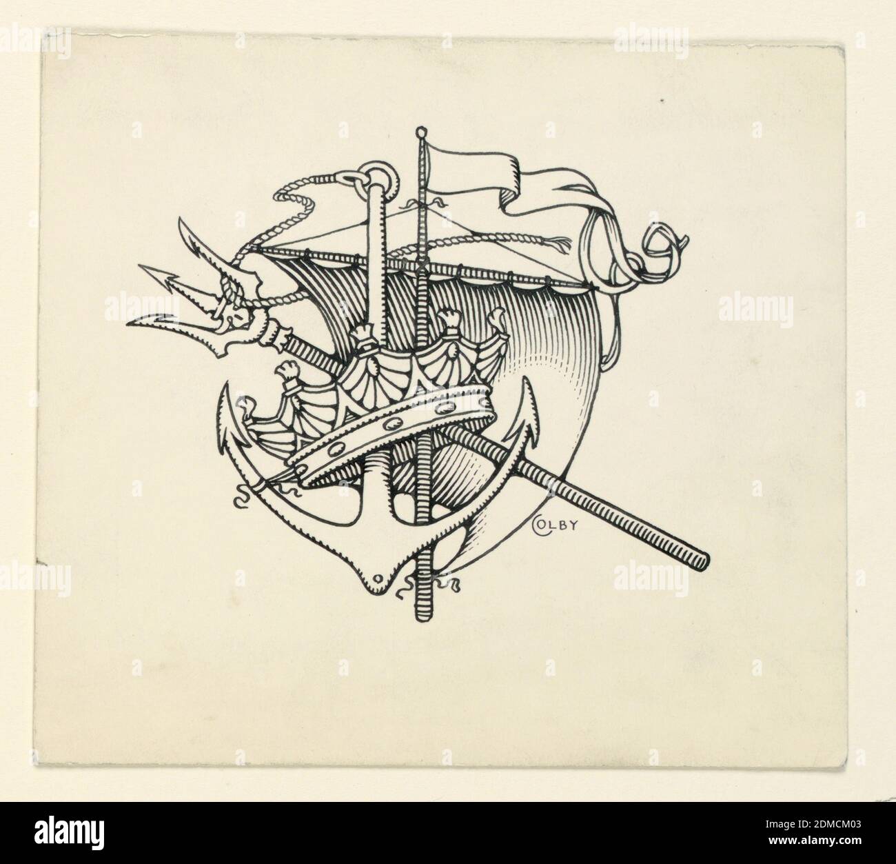 Saitenhalter, Homer Wayland Colby, Amerikaner, 1874–1950, Charles Scribner's Sons, New York, New York, USA, Stift und Tusche auf Papier, MOTIV aus Krone, Anker, Dreizack und Segel., USA, ca. 1910, Grafikdesign, Zeichnung Stockfoto