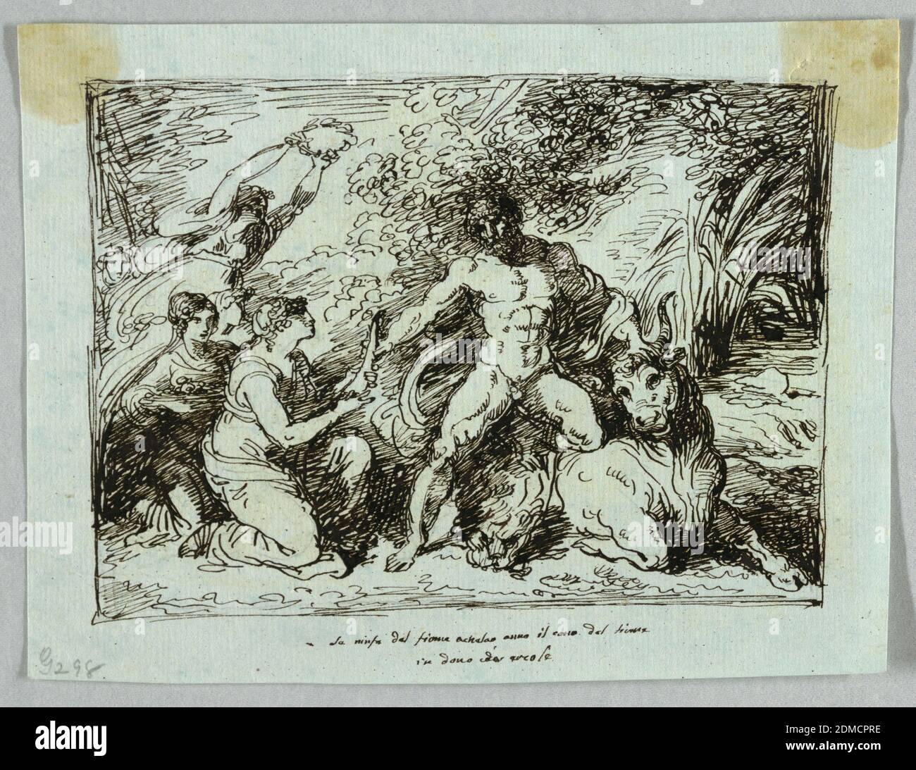Hercules and Tole, Felice Giani, italienisch, 1758–1823, Feder und braune Tinte auf hellblauem Papier, Italien, 1813, Figuren, Zeichnung Stockfoto