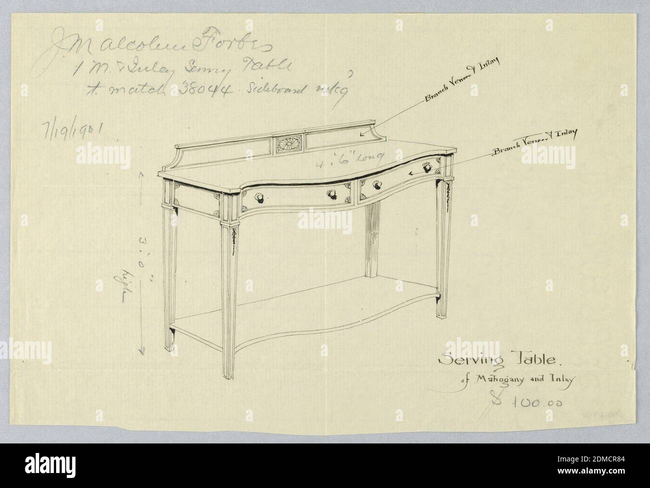 Design für Sideboard/Serviertisch aus Mahagoni und Inlay, A.N. Davenport Co., Stift und schwarze Tinte, Graphit, auf dünnem cremefarbenen Papier, schmaler rechteckiger Sideboard/Serviertisch auf vier geraden, verjüngenden, gerillten Beinen; Schrankbereich hat Serpentinfront mit zwei horizontalen Schubladen, jeweils mit zwei ziehen und Inlay-Designs an den Ecken; Patera-Medaillon-Design auf der Mitte des Backsplash; Hängende florale Designs auf den Vorderbeinen; separates Regal in der gleichen Kontur wie der obere Teil etwas über dem Boden Ebene., 1900–05, Möbel, Zeichnung Stockfoto