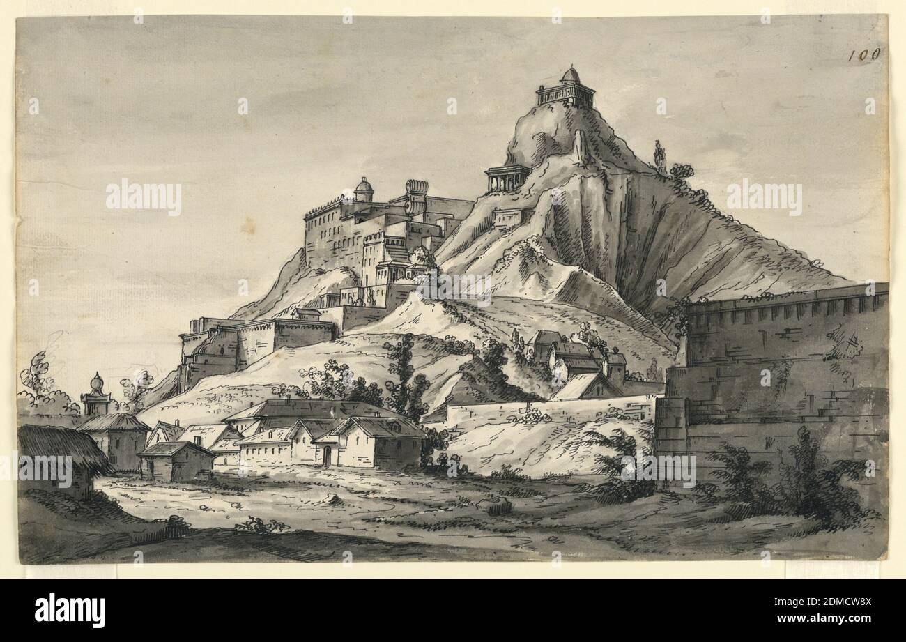 Bühnenbild, Berg mit Stadt auf der Piste, Romolo Achille Liverani, Italienisch, 1809 - 1872, Alessandro Sanquirico, Italienisch, 1777 - 1849, Stift und Sepia-Tinte, Pinsel und Wasch auf Papier, Horizontales Rechteck. Berg mit Gebäuden am Hang., Italien, Anfang des 19. Jahrhunderts, Theater, Zeichnung Stockfoto