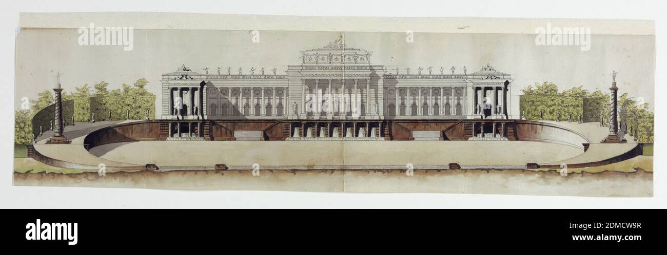 Erhebung der Gartenfassade eines öffentlichen Gebäudes, Graphit, Stift, grün und braun Wasser Farbe wäscht auf Papier, Mittelteil und zwei Flügeln endend mit Pavillons. Das Untergeschoss umfasst zwei Treppenhäuser und drei Brunnenabschnitte. Die Terrasse vor der Villa ist oval, davor von Treppen mit unfertigen Figuren und Rampen, die zum Erdgeschoss führen, begrenzt. Von den Rampen erheben sich Ziersäulen, die von Statuen und Bosketten umrandet sind., Frankreich, ca. 1790, Architektur, Zeichnung Stockfoto