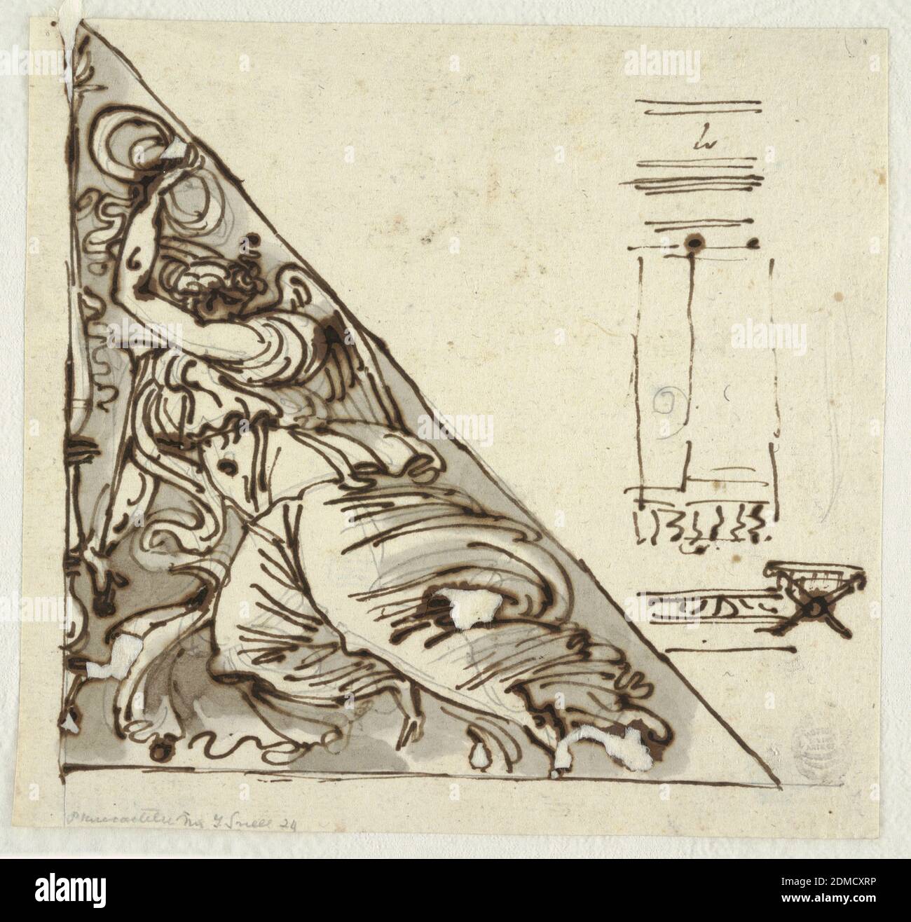 Skizze des Sieges mit Bowknot und Trompete; Skizzen der Wandsektion und des Hockens, Felice Giani, italienisch, 1758–1823, Feder und dunkelbraune Tinte, Pinsel und grau-braune Wäsche über schwarzer Kreide auf geblasenem Papier, links, im rechten Dreieck eingelassen, Figur des Sieges hebt Bogenknoten mit linker Hand und trägt Trompete in der rechten abgesenkten Hand. Rechts, Detail eines Wandabschnitts mit winziger Skizze des Hockers., Italien, 1812, Figuren, Zeichnung Stockfoto