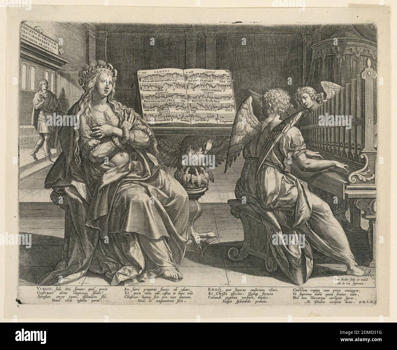 St. Cecilia, Jan Sadeler, der Ältere, ca. 1550 – 1600, Marten de Vos, Flämisch, 1532-1603, auf Papier gravend, sitzt die heilige vor einem Notenpult, singend; sie wird an der Orgel von einem Engel begleitet. Ein yong-Mann betritt den Raum hinten links. Darüber ist eine Aufschrift Tablette: 'PRECATIO D. CAECILIAE/pro VIRGINITATE CON-/SERVANDA ORANTIS.' Signiert unten rechts: 'Ioan. Sadler sculp. Et excud./ M. de Cos figurait.' Unterer Rand: Ein Gedicht, Beginn: 'JUNGFRAU, fida Dei sponsa; Ende: 'At Diuum excipiat locus. D.R.LD.', Niederlande, ca. 1580, Drucken Stockfoto