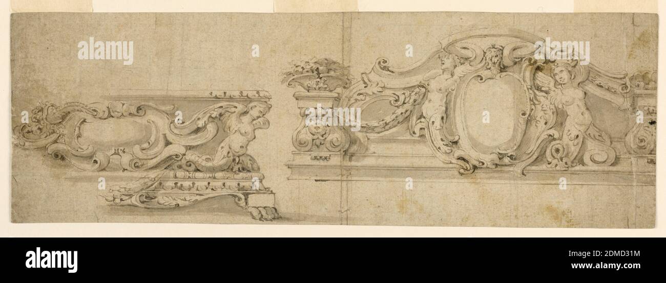 Basis und Overdoor, Stift und grau-braune Tinte, grau wash Support: Weiß gebeiztes Papier, Italien, Italien, ca. 1675, Architektur, Zeichnung Stockfoto
