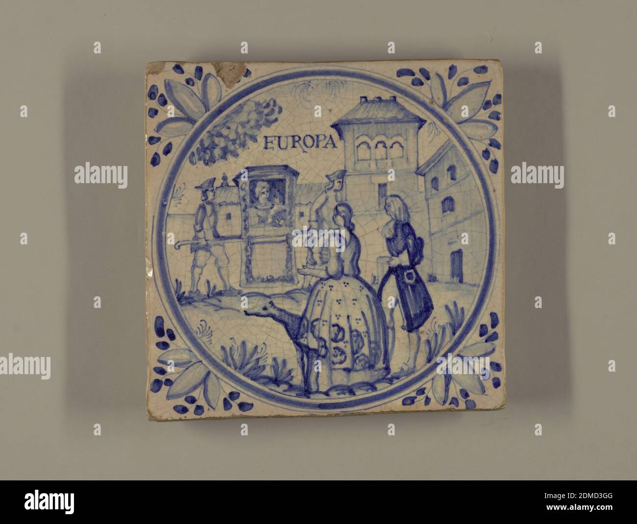 Allegorien der vier Kontinente, Jacques Le Moyne, Johann Theodor de Bry, deutsch, 1561 - 1623, Tin-glasierte Steinwaren, Viererfliesengruppe, quadratisch, mit blauer Unterglasur auf Buff-Boden, jeweils mit Namen eines der vier Kontinente, und entsprechenden Allegorien und Attributen in einem kreisförmigen Medaillon: -72a, 'Asia', zeigt eine turbaned Figur, die in einer Howdah auf der Rückseite eines Elefanten reitet, mit zwei Begleitern; Vögel im Vordergrund, turretete Architektur im Hintergrund; -72b, 'Europa', zeigt eine Dame, Kavalier und Hund im Vordergrund, beobachten Frau in einer Limousine Stuhl von zwei Männern getragen; europäisch Stockfoto