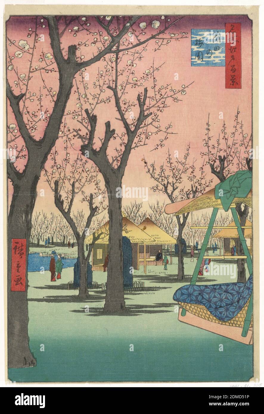 Plum Garden, Kamata (Kamata no Umezono) aus der Serie One Hundred Views of Edo, Ando Hiroshige, Japanese, 1797–1858, Holzschnitt in farbiger Tinte auf Papier zeigt die Szene des Pflaumengarten eine Abstufung des rosafarbenen Himmels, der die Blüten der Bäume ergänzt. Auf der rechten Seite befindet sich ein Palanquin mit dem grünen overgarment des Reisenden, das über die Oberseite geschleudert wird. Angenommen, er hat aufgehört, um Sake zu trinken, bewundern Sie die Kalligraphie auf den stelae Stein, sowie in der Schönheit der Natur zu nehmen. Im gesamten Druck sind ein Dutzend andere Figuren auch umarmen diesen besonderen Moment in der Zeit., Japan Stockfoto