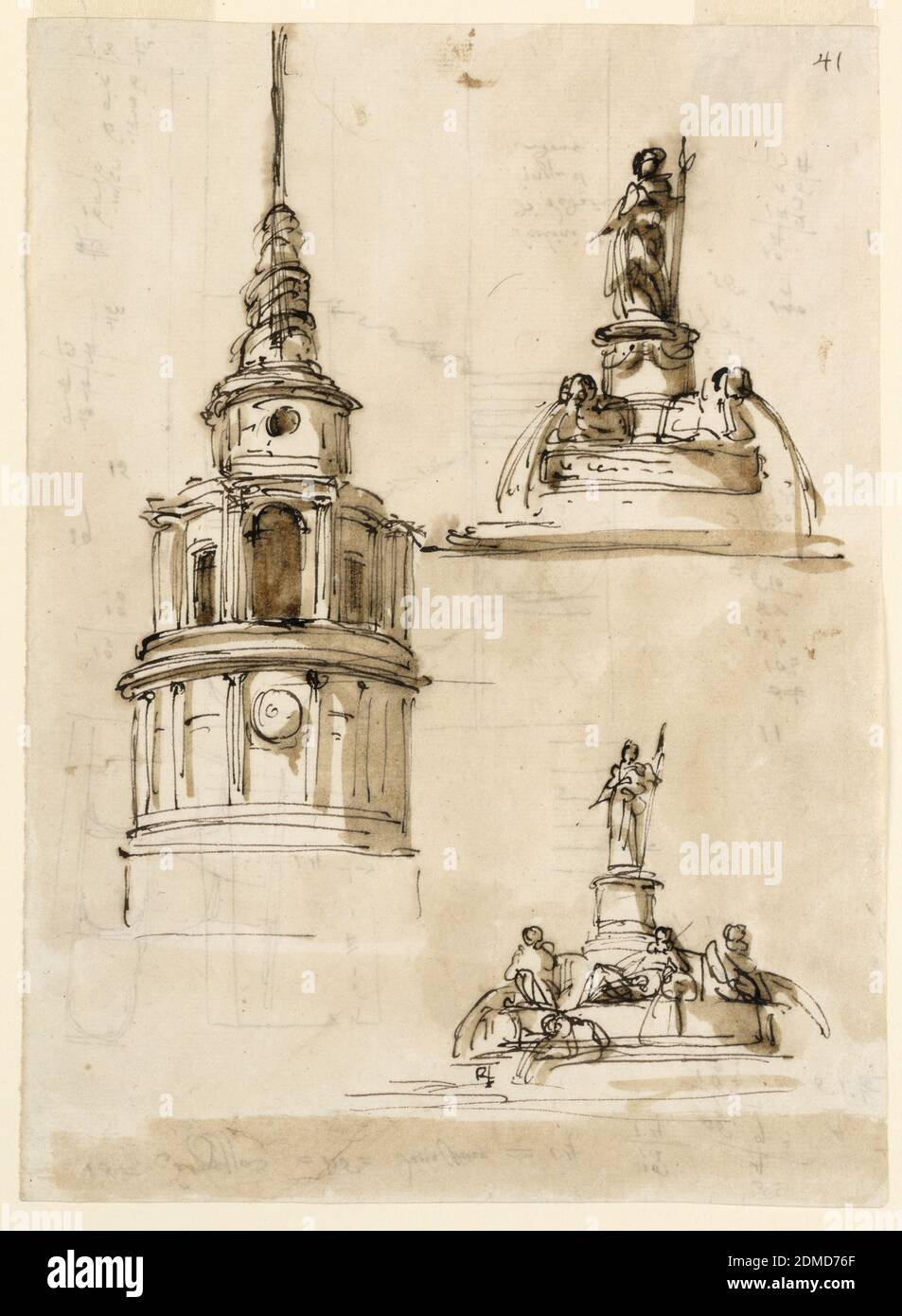 Höhe eines Turms; Brunnen; Treppe, Feder und braune Tinte, Pinsel und braun waschen auf off-weiß gelegt Papier, Vertikales Rechteck. -A: Links erheben sich zwei kreisförmige Geschichten auf einem Dado. Die untere zeigt eingebettete Spalten und ein Zifferblatt in der zentralen Interkolumniation. Oben ist ein Höhepunkt nach einer Spirale, die von einer niedrigen kreisförmigen Geschichte von kleiner Breite steigt. Rechte Reihe, -b,c: Minerva steht auf einem runden Sockel oben. Das Wasser ergießt sich in -b von Löwen, die radial nach einer kreisförmigen Basis hockten; in -c von den Kiefers von Stromgöttern und von einem Löwen, der vorläufig suggeriert wird, nach einer niedrigeren Basis zu hocken. Stockfoto