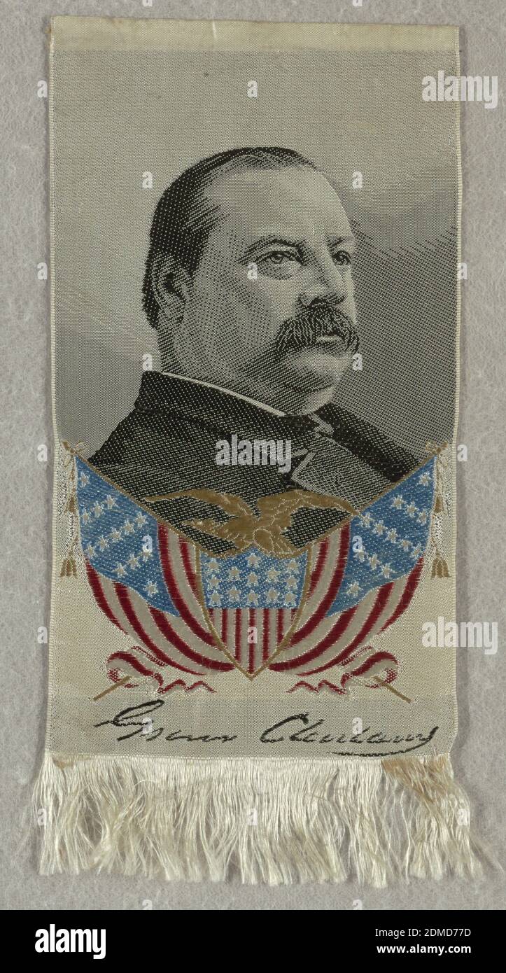Souvenir ribbon: Grover Cleveland, Medium: silk Technique: jacquard woven, From top to bottom: black and white portrait of Grover Cleveland. Tan eagle on top of red, white, and blue American flag. Signature: 'Grover Cleveland'., USA, 1888, woven textiles, Souvenir ribbon: Grover Cleveland Stockfoto