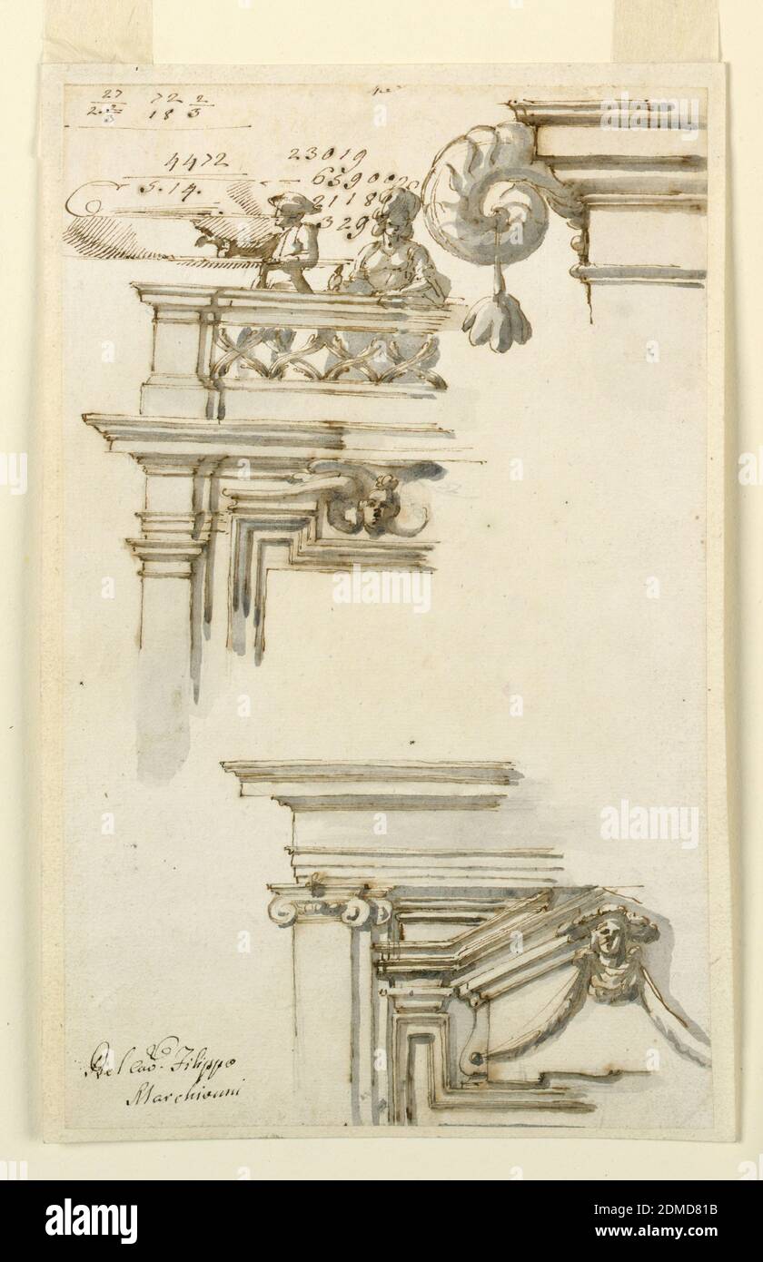 Zwei Torkästen, Carlo Marchionni, italienisch, 1702–1786, Graphit, Stift und schwarze Tinte, Pinsel und graues Aquarell auf gedecktem Papier, in der oberen rechten Ecke ist der linke Teil einer Entablatur mit einer Brüstung, aus der ein Widderhorn entspringt, von dessen Spitze eine Blüte wie eine Quaste hängt. Links ist der obere linke Teil eines Türrahmens. Über der Entablatur befindet sich eine Brüstung, hinter der eine Frau und ein Mann stehen. Unten rechts ist der obere linke Teil eines Türrahmens mit der darüber liegenden Entablatur. Die Tür hat eine Übertür mit einem dreieckigen Giebel, mit einem Kopf und Girlanden vor. Stockfoto