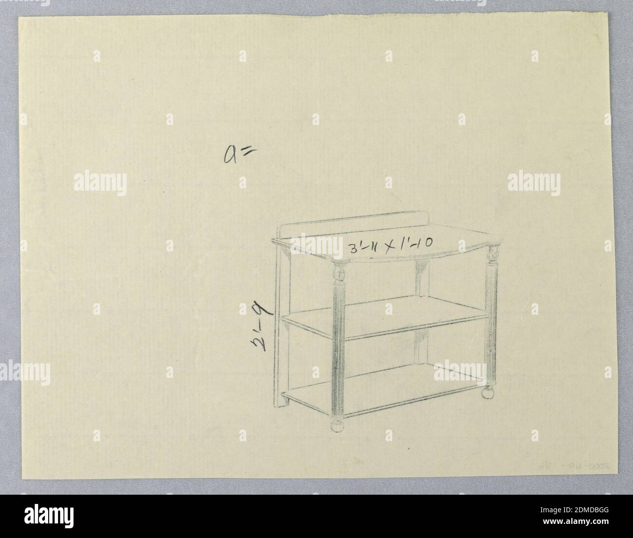 Design für Serviertisch mit geraden Beinen, A.N. Davenport Co., Graphit auf dünnem cremefarbenem Papier, Oblong-Platte mit konvexer Front; angehoben auf 4 geraden Beinen; Vorderbeine mit Hinterbeinen enden in Kugeln, die an den Oberteilen mit kurzen geschnitzten balusterartigen Elementen verziert sind; 2 rechteckige Einlegeböden unten, die untere knapp über dem Boden; Backsplash., 1900–05, Möbel, Zeichnung Stockfoto