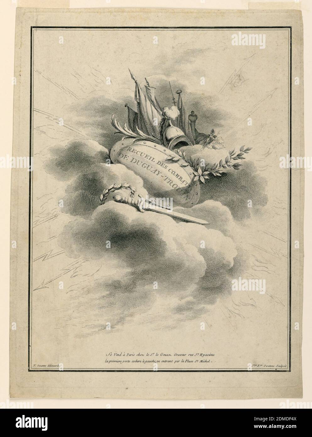 Titelblatt einer Serie von Darstellungen von Schlachten, die von Rene Duquay-Trouin (1673–1736), Nicolas Marie Ozanne, Jeanne Francoise Ozanne, 1735–1795, Radierung auf Papier, EINE Trophäe von Waffen in Wolken mit Gewittern., Frankreich, ca. 1775, Ornament, Druck Stockfoto