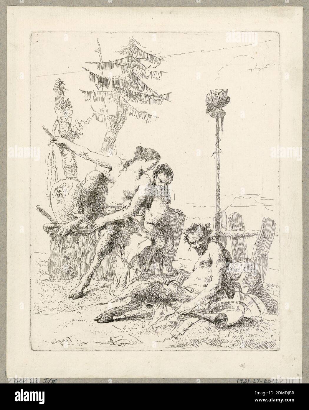 Der glückliche Satyr mit seiner Familie, Tafel 10 von der Scherzi di Fantasia, Giovanni Battista Tiepolo, italienisch, 1692 - 1770, Radierung auf Papier, erster Zustand, vor der Nummer. Rechts ein sitzender Satyr, mit einem Bügel und Panflöten. Oben, rechts, sitzt eine Eule auf der Spitze einer Stange. Links dreht sich ein sitzendes Satyr-Weibchen zu einem sitzenden Satyr-Kind., Italien, 1750–1760, Figuren, Print Stockfoto