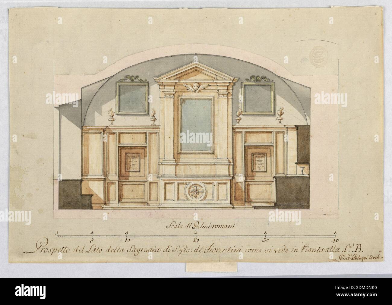 Projekt für das Innere der Sakristei von St. Giovanni de’ Florentini in Rom, Giuseppe Palazzi, Italienisch, 1740 - 1810, Graphit, Stift und Tinte, Pinsel und Aquarell auf Papier, Abschnitt. Links ist ein Fenster. Auf der gegenüberliegenden Seite befindet sich ein Schrank, dessen unterer Teil für Gewänder ist. Das lange Gewölbe ist in der Mitte mit einem Alter retable dekoriert. Seitlich sind Tafeln mit Bildern über ihnen im Gewölbe gehängt., Italien, Ende des 18. Jahrhunderts, Architektur, Zeichnung Stockfoto