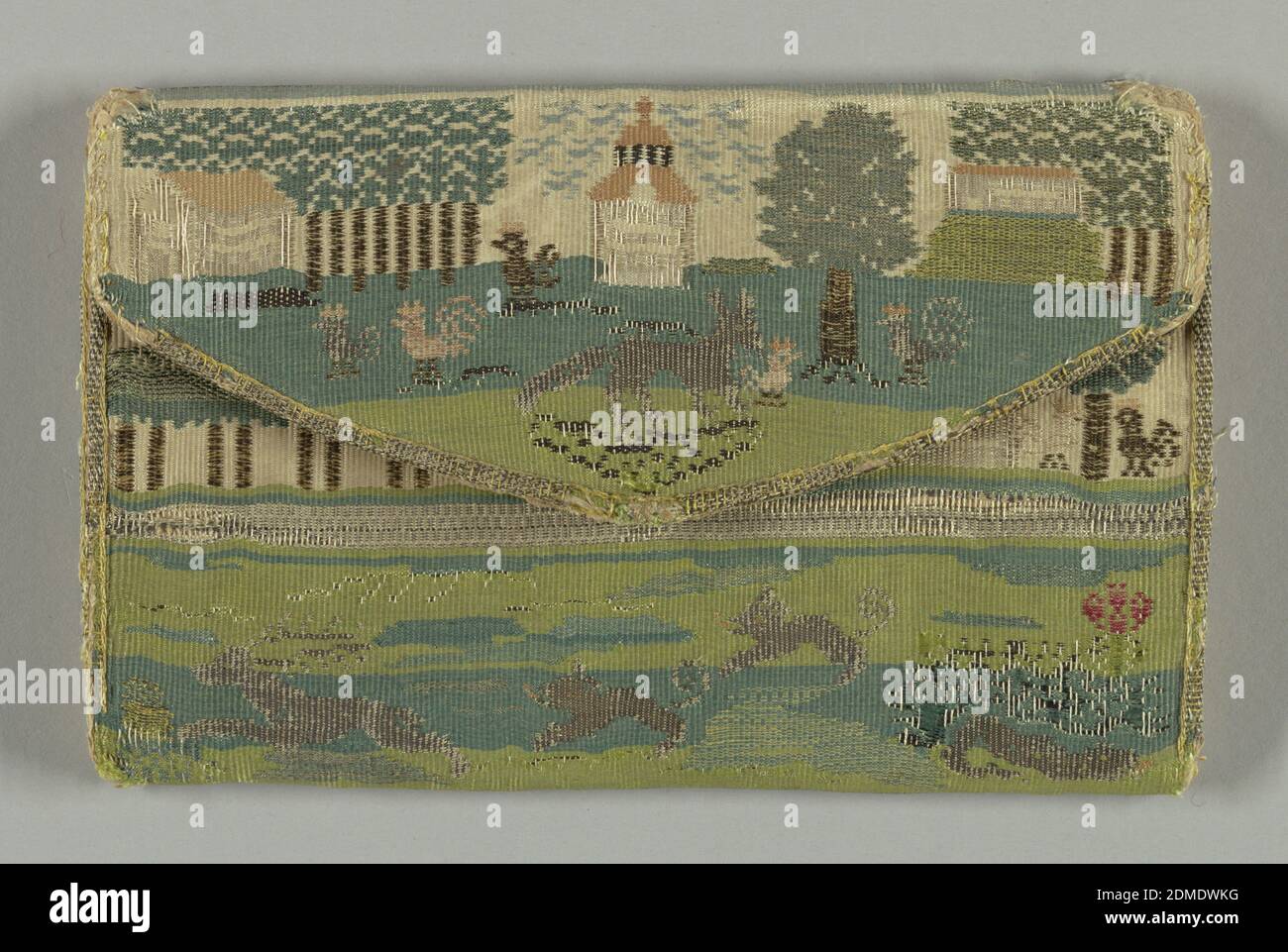 Brieftasche, Medium: Seide und metallumwickelte Seide Technik: Leinwandbindung mit diskontinuierlichem Schusswerk (Tapisserie), Abdeckung von Seide und Metallfaden in Tapisserie-Webart, Darstellung einer Landschaft und Tiere; Papierfutter., Frankreich, Ende des 17. Jahrhunderts, Kostüm & Accessoires, Brieftasche Stockfoto