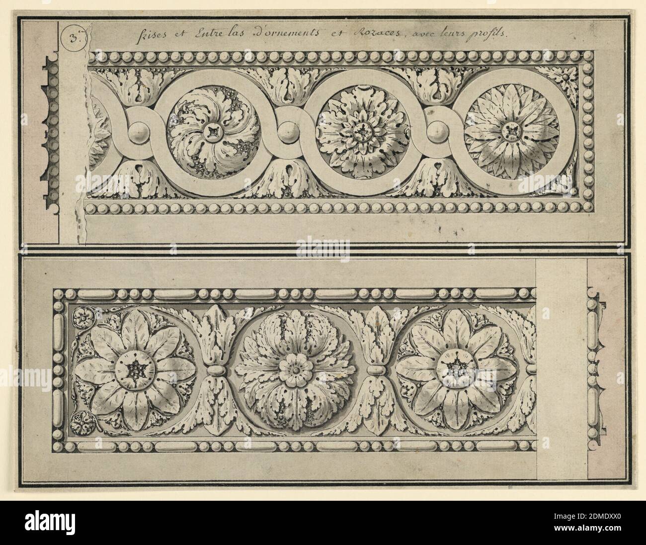Design für zwei Friesen, Pen und chinesische Tinte, Pinsel und Aquarell, Graphit auf Papier, zeigt der obere Fries verflochtenen, gebogenen Bändern mit Rosetten. Der untere Fries zeigt Rosetten von alternierendem Design., Frankreich, 1770-1790, Zeichnung Stockfoto