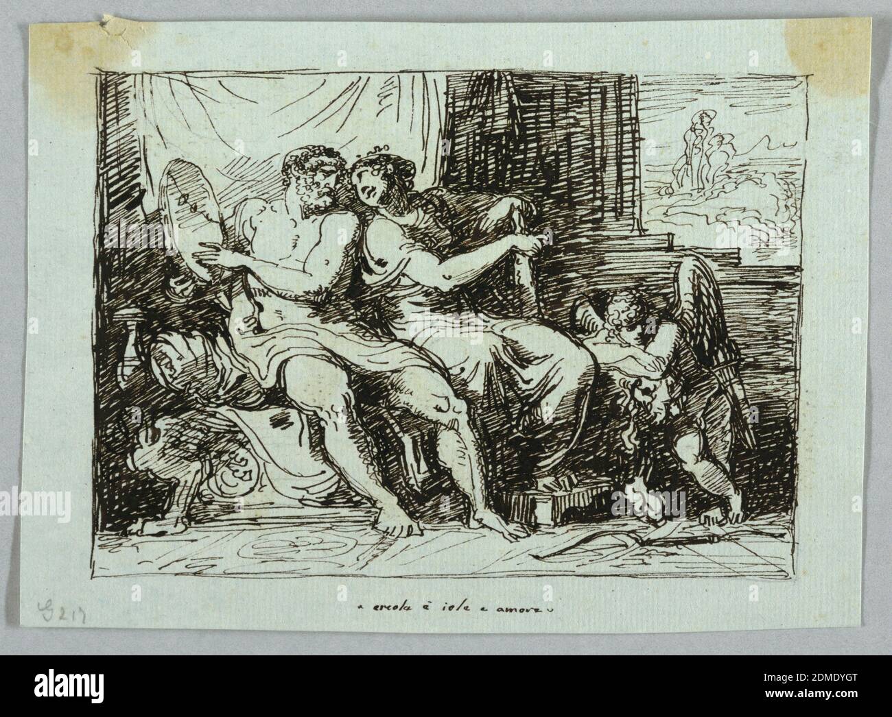 Hercules and Iole, Felice Giani, italienisch, 1758–1823, Feder und braune Tinte auf hellblauem Papier, Italien, 1813, Figuren, Zeichnung Stockfoto