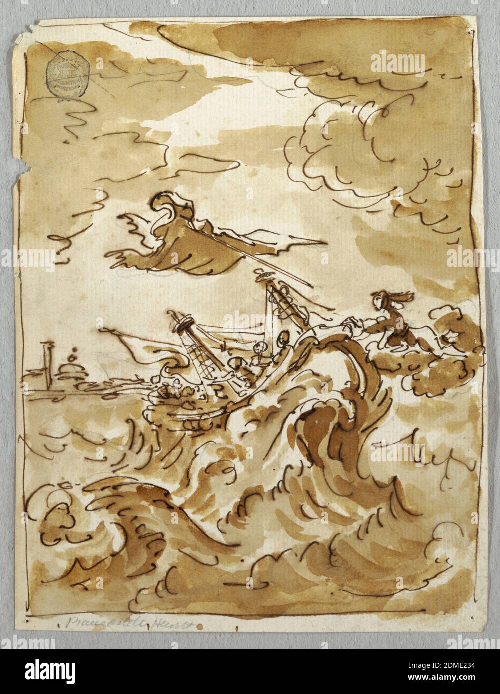 Ein Schiffswrack, Feder und Tinte, Pinsel und Sepia waschen über schwarzer Kreide auf gegelegtem Papier, EIN zweimastiges Schiff schräg auf Welle, das wie Höllenkiefer aussieht. Segel abgeblasen. Frau, die auf Wolke fliegt, streckt die Hand zum Heck des Schiffes. Gebäude der Stadt links in der Ferne angezeigt. Rahmenlinien., Italien, Anfang des 19. Jahrhunderts, Gestaltung, Zeichnung Stockfoto