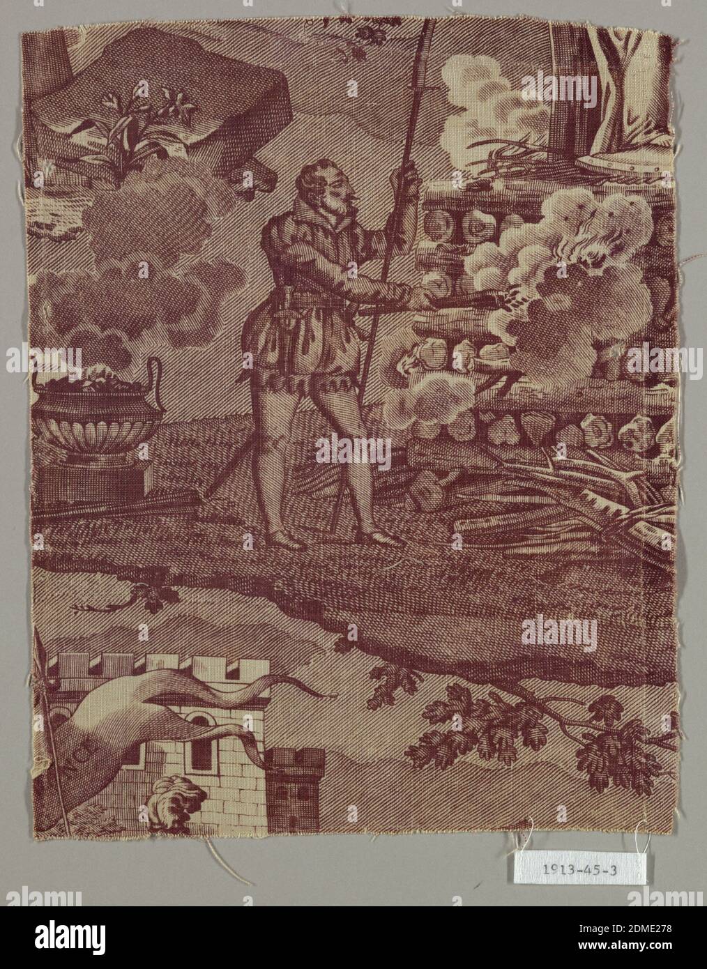 Fragment, Medium: Baumwolltechnik: Gedruckt auf Leinwandbindung, Teil einer Piraterie des Pariser Druckes von Chasselat's Jeanne d' Arc toile., Frankreich, ca. 1820, bedruckte, gefärbte & bemalte Textilien, Fragment Stockfoto