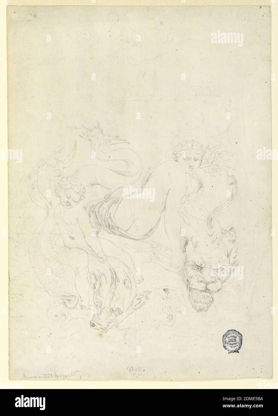 Thetis and Cupid Riding Fish, Fortunato Duranti, italienisch, 1787 - 1863, Graphit auf Papier, Cupid, links, hebt seine rechte Hand, in der er einen Pfeil hält, und reift mit der linken Hand die Flosse des Delphins, auf dem er reitet. Thetis sitzt mit dem Kopf nach vorne gequält, während sie die Flosse des Löwenkopfes hält, den sie reitet. Die Köpfe von zwei Putti, einer mit gepuspannten Lippen als wehend, sind oben abgebildet., Rom, Italien, ca. 1820, Klassizismus, Zeichnung Stockfoto