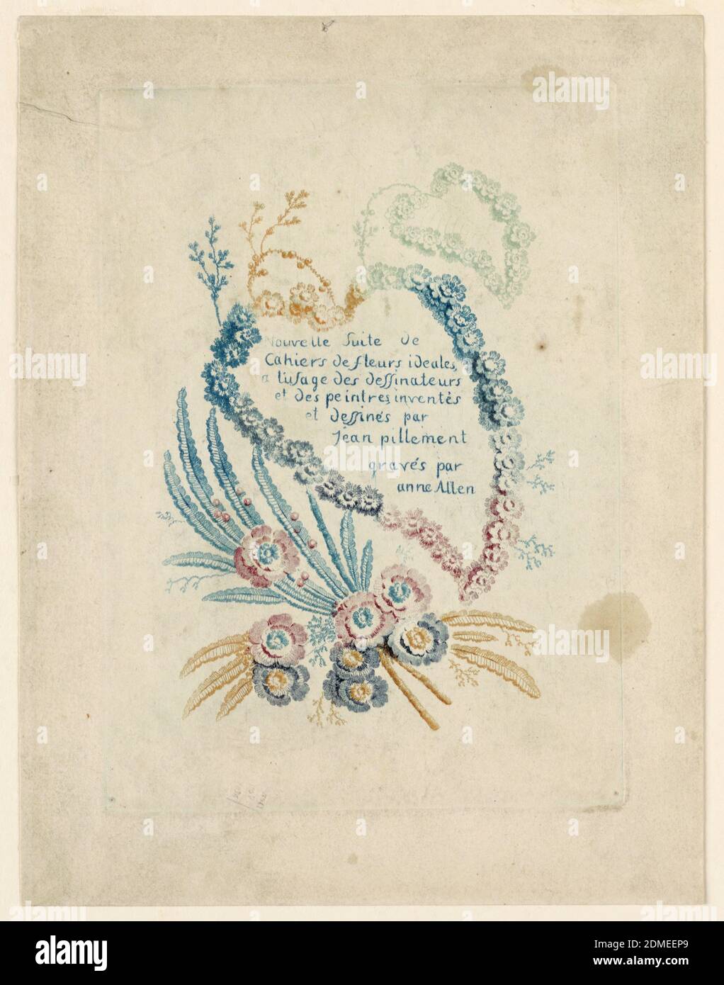 Titelblatt zu 'Nouvelle Suitte de Cahiers de fleurs iéales', Jean-Baptiste Pillement, Französisch, 1728–1808, Anne Allen, Englisch, aktiv Frankreich, ca. 1750–1810, Etching a la poupée and teal, orange, pink, purpur, und aquamarin tinte on paper, an enframeement of Flowers, heart-shaped, in colours, enumschließt acht Zeilen des Titels: 'Nuvelle Suite de / Cahiers de fleurs ideales, / a l'usage des dessinateurs / et des peintres, inventés / et dessinés par / jean pillement / gravés par anne Allen', Frankreich, ca. 1760, Naturstudien, Drucken Stockfoto