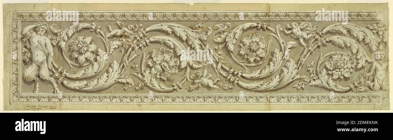 Ziertafel, Flaminio Innocenzi Minozzi, italienisch, 1735 – 1817, Stift und braune Tinte, Pinsel und Grauwäsche auf drei vertikal verbundenen Papierblättern, mit Pappe ausgekleidet, Entwurf für eine Ziertafel. Horizontale Ausführung mit Acanthus rinceau/Rollen, der Stiel wird von einem Satyr gehalten, an der linken Seite des Blattes. Das Muster endet rechts mit einer Schriftrolle, berührt von einer weiblichen Figur mit Fischschwanzbeinen und einer Pflanze, die aus ihrem Kopf sprießt. Soll das Zentrum des gesamten Fries sein. Drei Putten und ein Vogel in den vom Acanthus-Motiv freien Bereichen platziert. Auf allen Seiten gerahmt Stockfoto