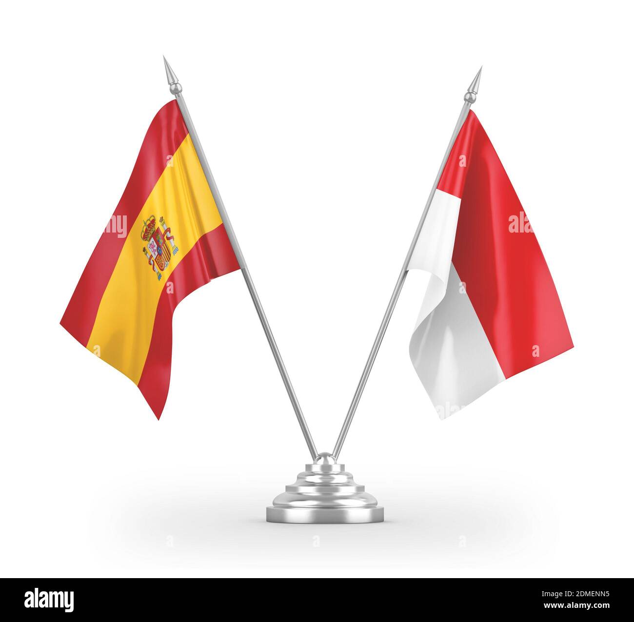 Indonesia and Spain table flags isolated on white 3D rendering Stockfoto