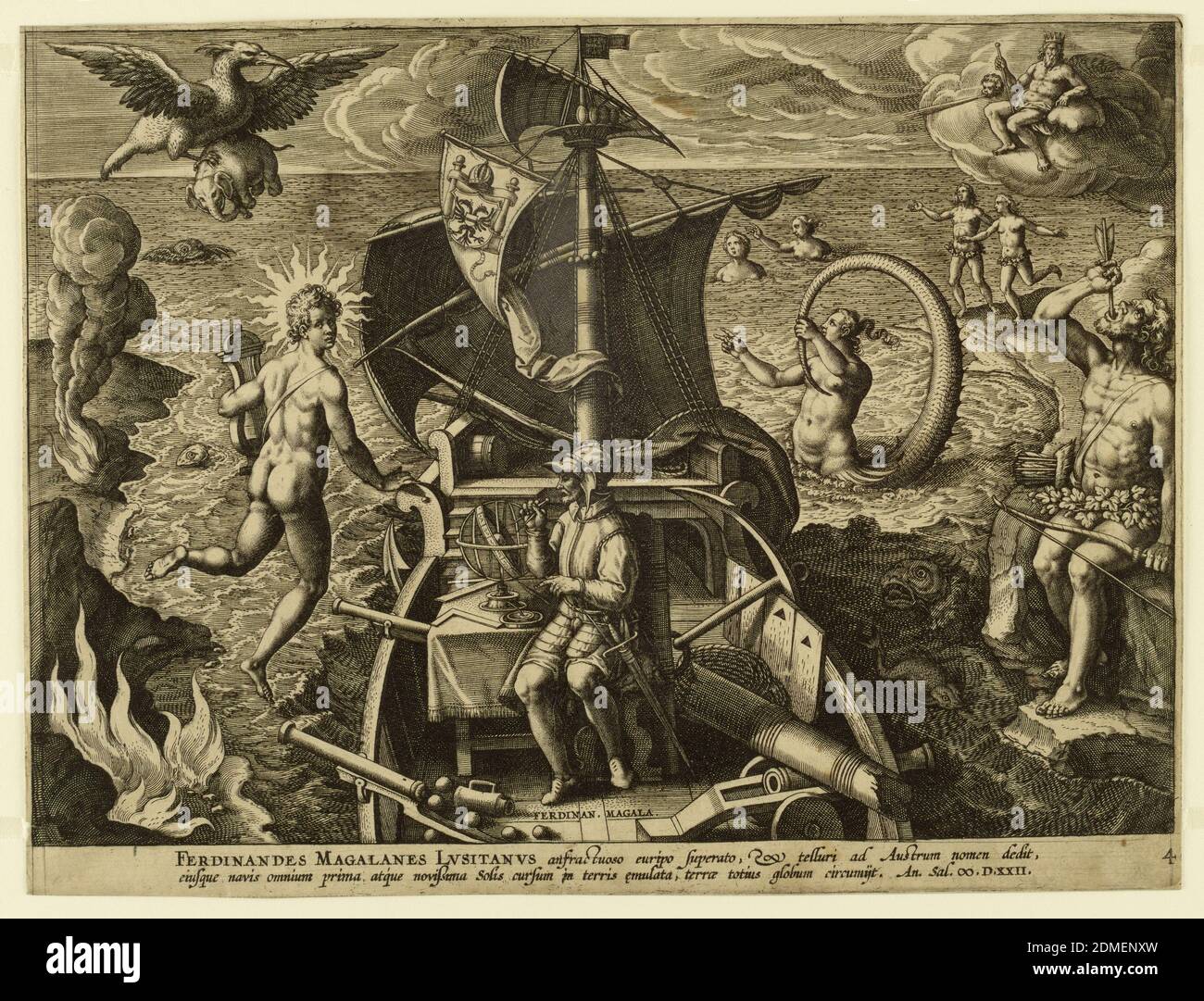 Ferdinandes Magalanes Lusitanus, Platte 4 aus 'Americae Retectio', Jan van der Straet, Stradanus genannt, Flämisch, 1523–1605, Adriaen Collaert, Flämisch, ca. 1560 – 1618, auf weißem Papier gravend, SITZT EIN Navigator (Magellan) auf dem Bug des Schiffes, nach links im Profil. Meeresmonster sind links und rechts in den Gewässern sichtbar. Rechts sitzt eine Figur auf einem Felsen und zwingt ihm einen Pfeil in die Kehle., Niederlande, 1580er Jahre, Grafikdesign, Print Stockfoto