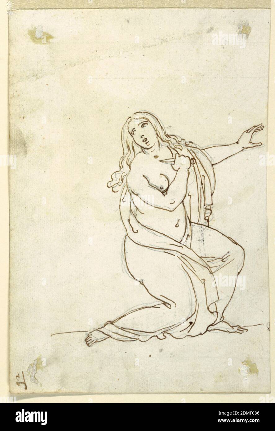 Lucretia oder Tarquinia Stabbing selbst, Feder und braune Tinte, schwarze Kreide auf cremefarbenem Papier, die weibliche Figur kniet nach rechts, ihr linker Arm ist angehoben, der rechte Arm mit Messer in Richtung Kehle gerichtet., Italien, 1825–50, Figuren, Zeichnung Stockfoto