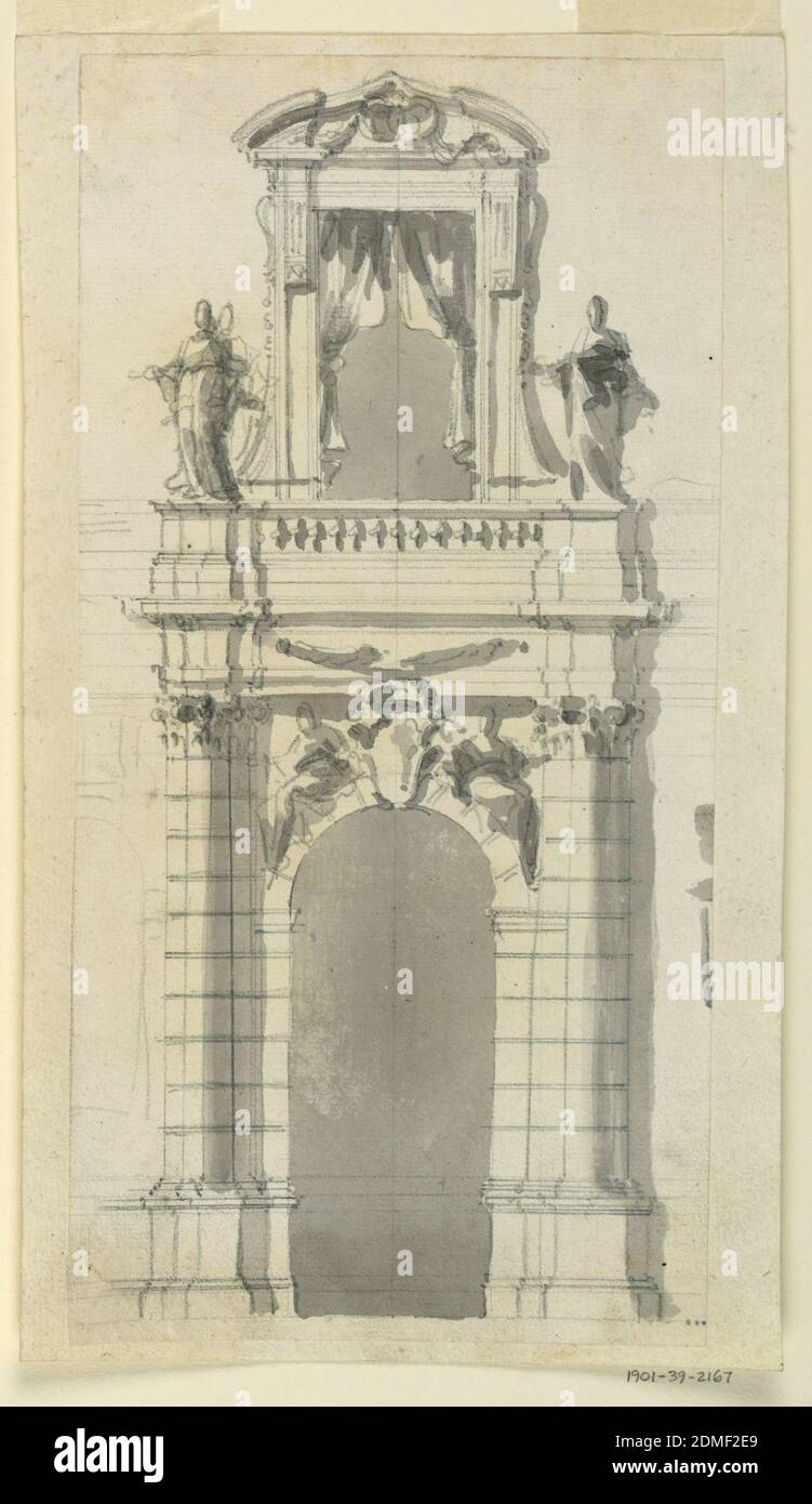 Die Erhebung des unteren zentralen Teils einer Stadtvilla, Filippo Marchionni, italienisch, 1732–1805, Graphit, Pinsel und graues Aquarell auf Papier, darunter das Tor mit einem Jeschtschionenstein mit einer Krone zwischen zwei sitzenden Frauen über dem Bogen. Die Schächte der Säulen, die angebrachten Säulen und der Bogen sind in rustikaler Arbeit. Im Fries des Escutcheon ist ein Festoon; über der Entablatur ist eine Balustrade zwischen zwei Sockeln mit Statuen, die an einen kleinen Balkon vor einer Tür im zweiten Stock Grenzen., Italien, 1770–85, Architektur, Zeichnung Stockfoto