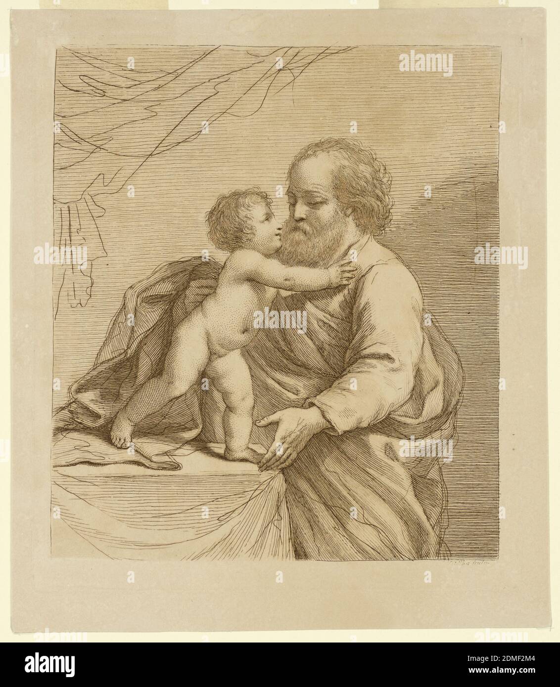 St. Joseph und das Erlöser-Kind, Giovanni Vitalba, italienisch, 1783 - 1792, Giovanni Francesco Barbieri (genannt Guercino), italienisch, 1591 – 1666, mit brauner Tinte auf cremefarbenem Papier, St. Joseph steht rechts vom Tisch, mit den Armen schützend für das Christkind, Der auf dem Tisch steht und sich mit den Händen auf der Brust des heiligen Josef stützt., Italien, ca. 1765–1785, Drucken Stockfoto