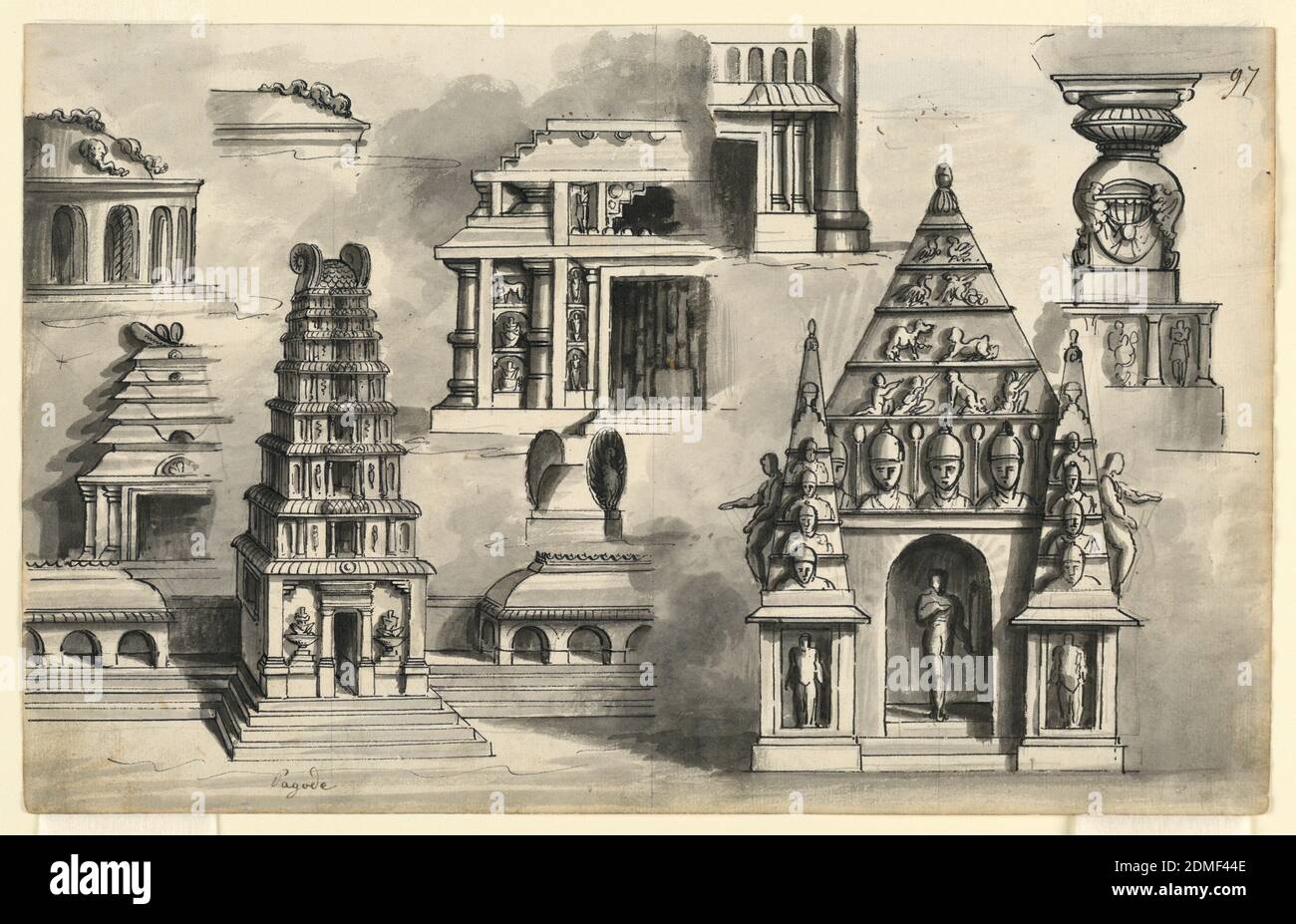 Bühnenbild, Details von Indischen Tempeln, Romolo Achille Liverani, Italienisch, 1809 - 1872, Alessandro Sanquirico, Italienisch, 1777 - 1849, Stift und Sepia-Tinte, Pinsel und Wasch, Graphit auf Papier, Horizontales Rechteck. Architektonische Details der indischen Tempel (pagode)., Italien, Anfang des 19. Jahrhunderts, Theater, Zeichnung Stockfoto