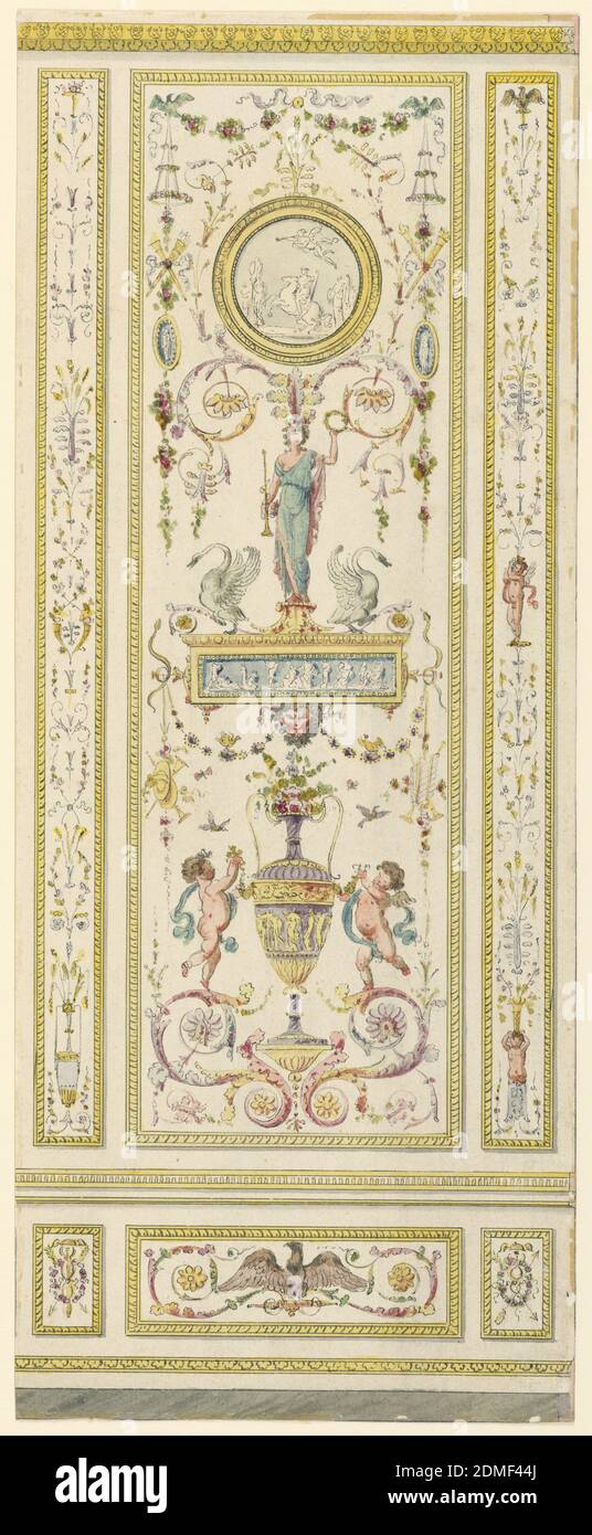 Ziertafel, Jean-Siméon Rousseau, 1747 – 1820, Stift und Tusche, Pinsel und Aquarell, Graphit auf Büttenpapier, auf der Mitteltafel ist ein Adler zu sehen, der auf einem Donnerkeil zwischen zwei Akanthus-Rollen platziert ist. Die seitliche zeigt eine Trophäe aus Pfeilen, einen Kadukeus, einen geflügelten helmut und einen Kranz. Die Haupttafel zeigt zwei Putti neben Blumenvasen, Schwanenpaare neben einer Frau, die auf einem klassischen Fries steht., Frankreich, 1775-1800, Zeichnung Stockfoto