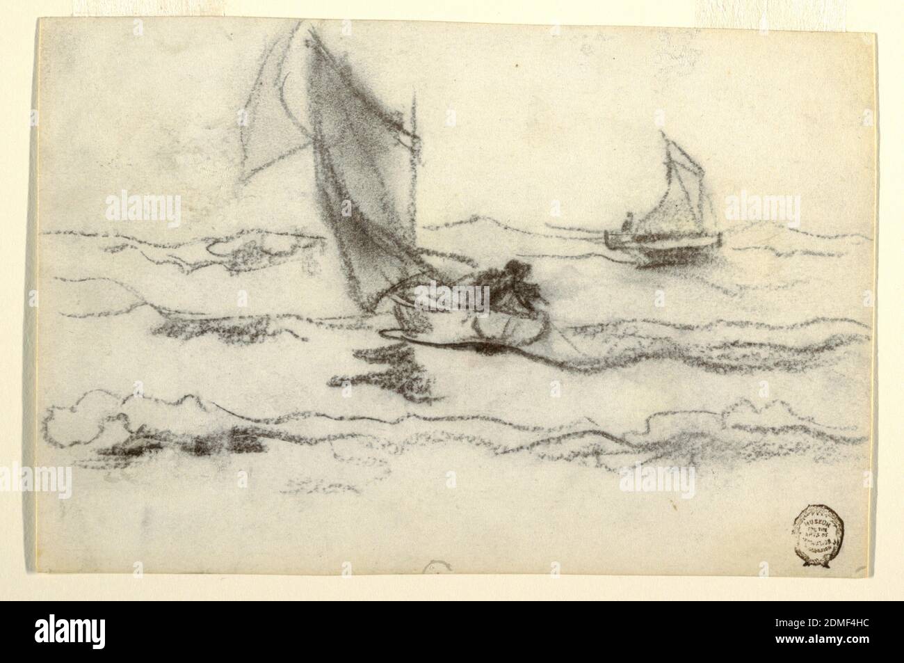 Segelboote, Winslow Homer, amerikanisch, 1836–1910, Holzkohle auf Papier, Horizontale Ansicht zweier kleiner Fischerboote, im nahen Boot ziehen Fischer in einer Linie., USA, 1895–96, Seestücke, Zeichnung Stockfoto