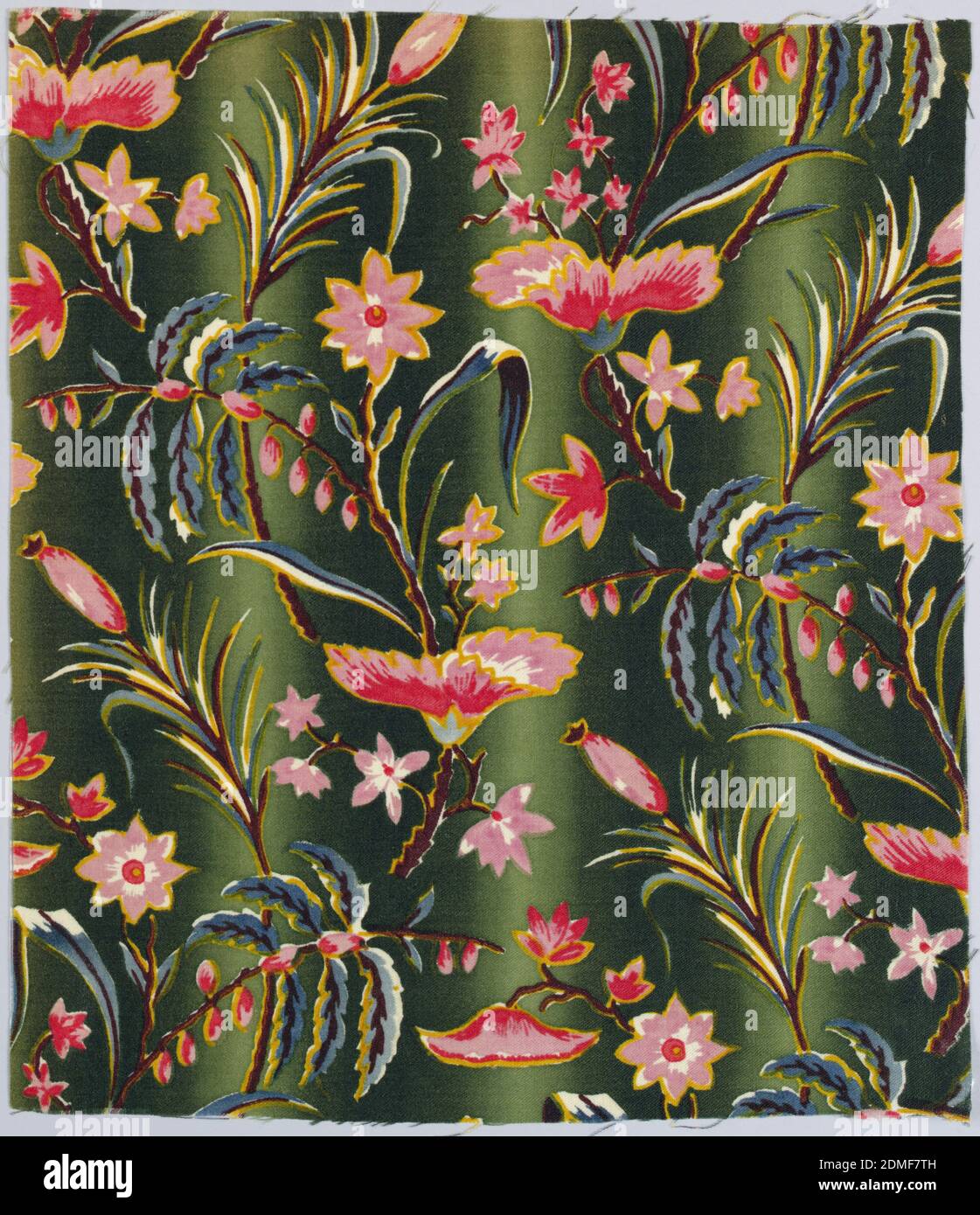 Textil, Medium: Wolltechnik: Bedruckt mit gravierter Walze auf 1x2-Schussmitteltwill, bunte Blüten auf geschwungenen Reben vor ombre grünem Hintergrund., wohl Frankreich, ca. 1860er Jahre, bedruckte, gefärbte und bemalte Textilien, Textil Stockfoto