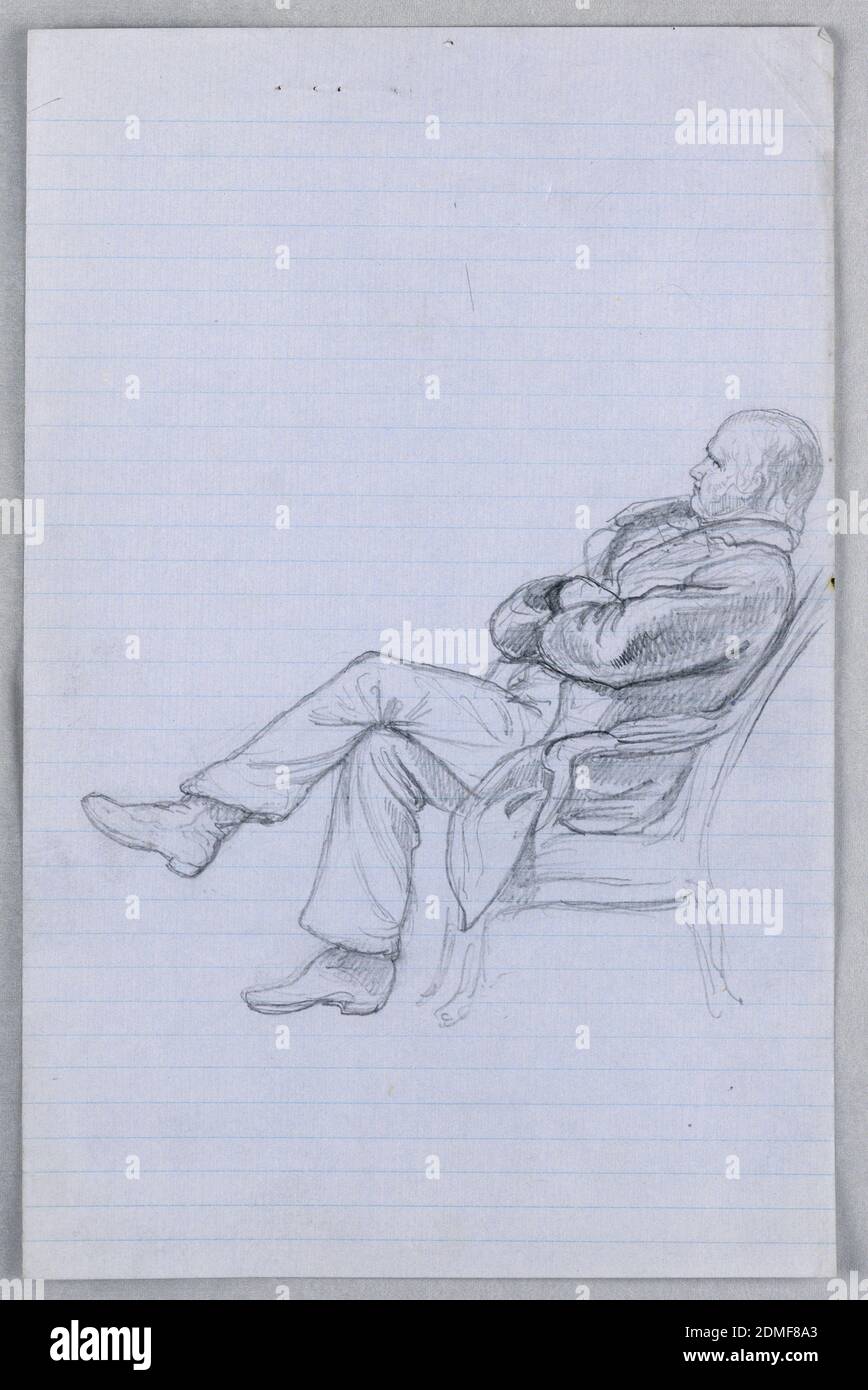 Studie für 'Scientific Group', Daniel Huntington, Amerikaner, 1816–1906, Graphit auf liniertem blauem Papier, Mann im Sessel, nach links gewandt, Arme gefaltet und Knie gekreuzt., London, Großbritannien, USA, 1858, Figuren, Zeichnung Stockfoto