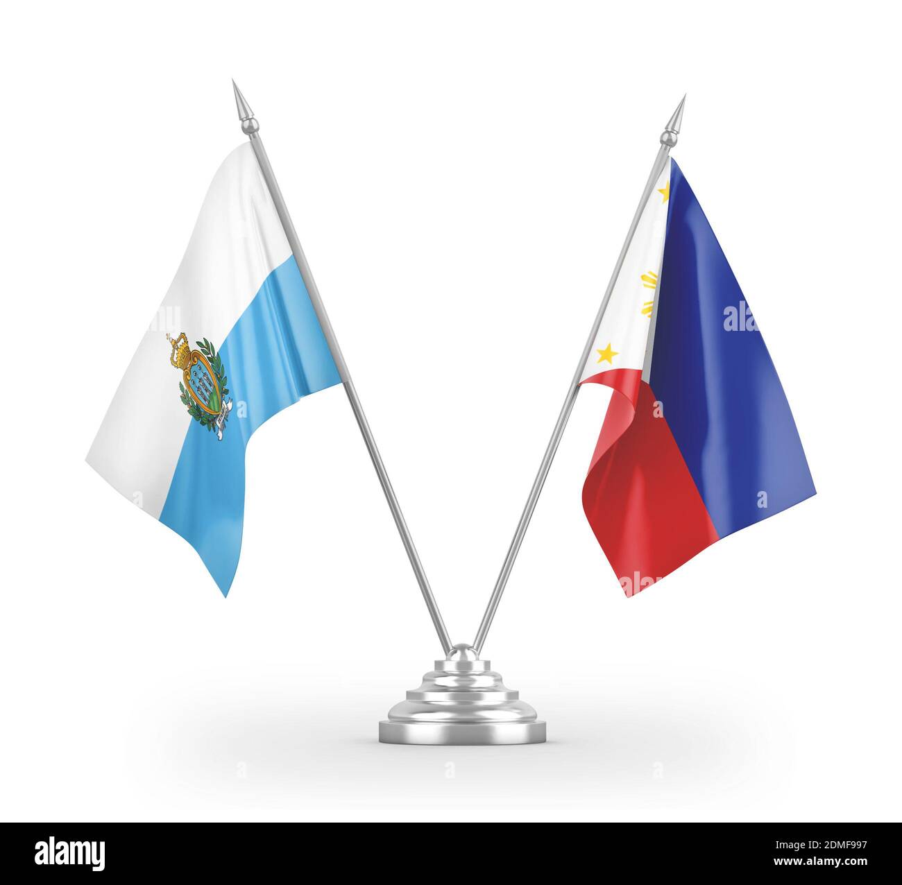 Philippinen und San Marino Tischflaggen isoliert auf weißem 3D Rendering Stockfoto