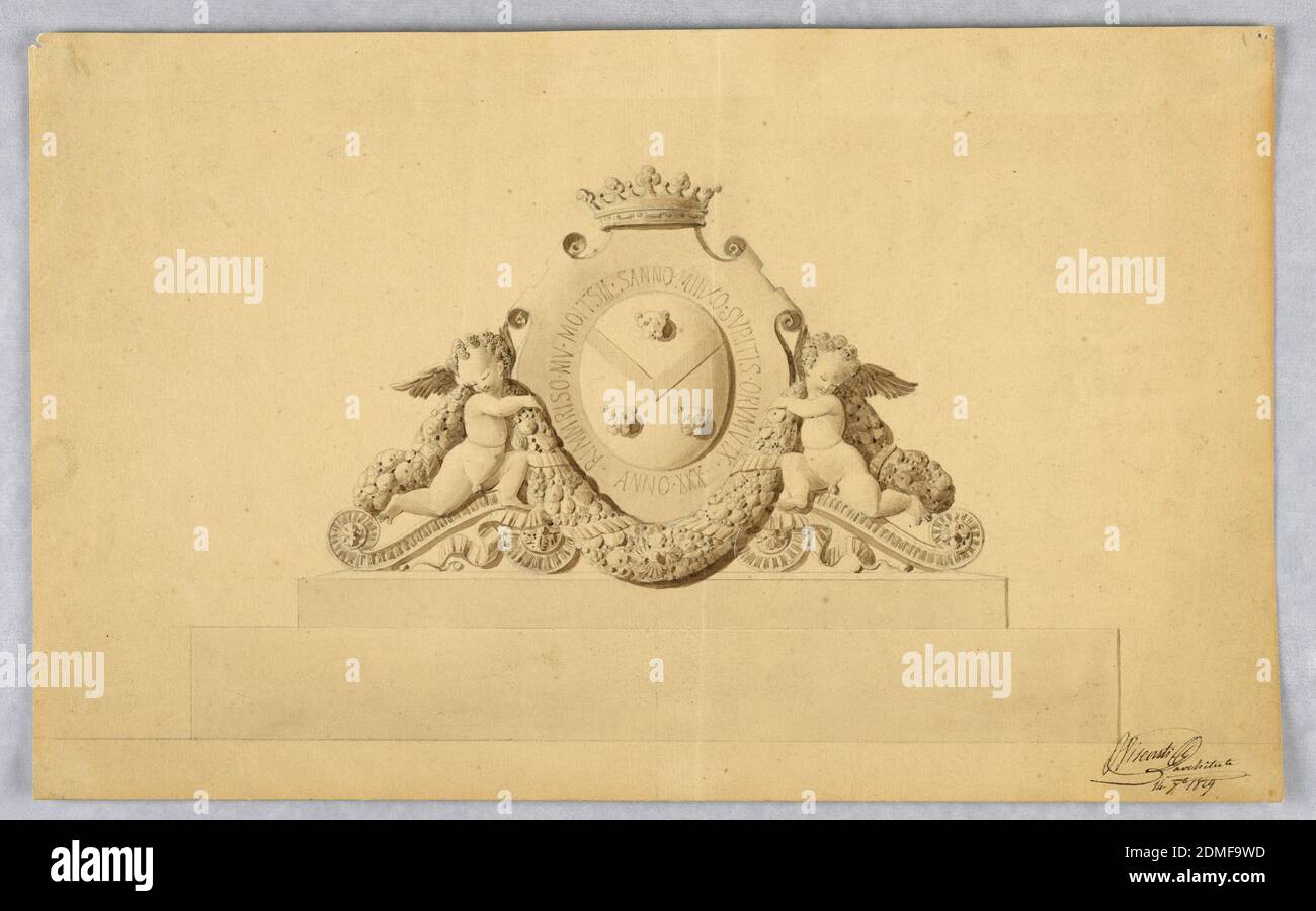 Entwurf für ein Wappen mit Wappen, Louis Tullius Joachim Visconti, italienisch, in Frankreich tätig, 1791 - 1853, Stift und braune Tinte, Pinsel und braune Wäsche, Spuren von Graphit auf cremefarbenem Papier, ENTWURF für ein Wappen auf zweistöckiger Basis. Ein geflügelter Putto ruht auf beiden Seiten des Kammes, jeder kniet auf einem scrollenden Ornament. Sie halten jeweils ein Ende eines Festons, auf dem ein gekrönter Escutcheon ruht, der drei kleine Löwenköpfe und eine Inschrift trägt., Italien/Frankreich, 1829, Zeichnung Stockfoto