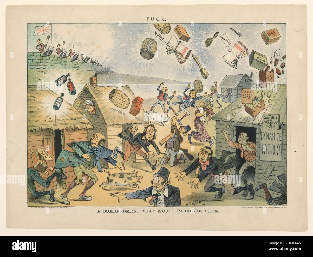 Ein Bombardement, das sie lähmen würde, Frederick Burr Opper, Amerikaner, 1857–1937, Mayer, Merkel & Ottoman, farbige Lithographie auf Papier, EINE Siedlung von vier Häusern im Vordergrund wird mit Seifenprodukten, Handtüchern, Wasserfässern usw. aus einem Festungshintergrund bombardiert. Die Menschen laufen aus den Häusern in Panik. Illustration für Rückseite von Puck, Vol. XIII, Nr. 319, 18. April 1883, USA, ca. 1893, Drucken Stockfoto