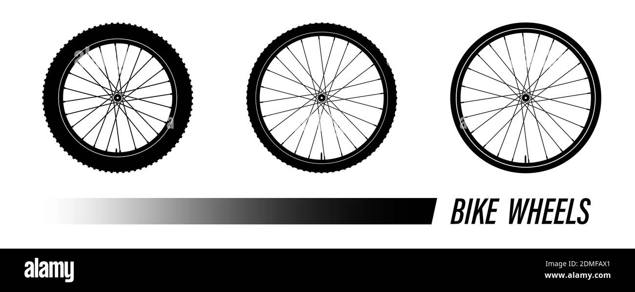 Fahrradrad-Symbol mit unterschiedlichem Profil. Fahrrad Gummi Mountain Reifen, Ventil. Aktive Arten von Extremsportarten. Schwarz-Weiß-Vektor Stock Vektor
