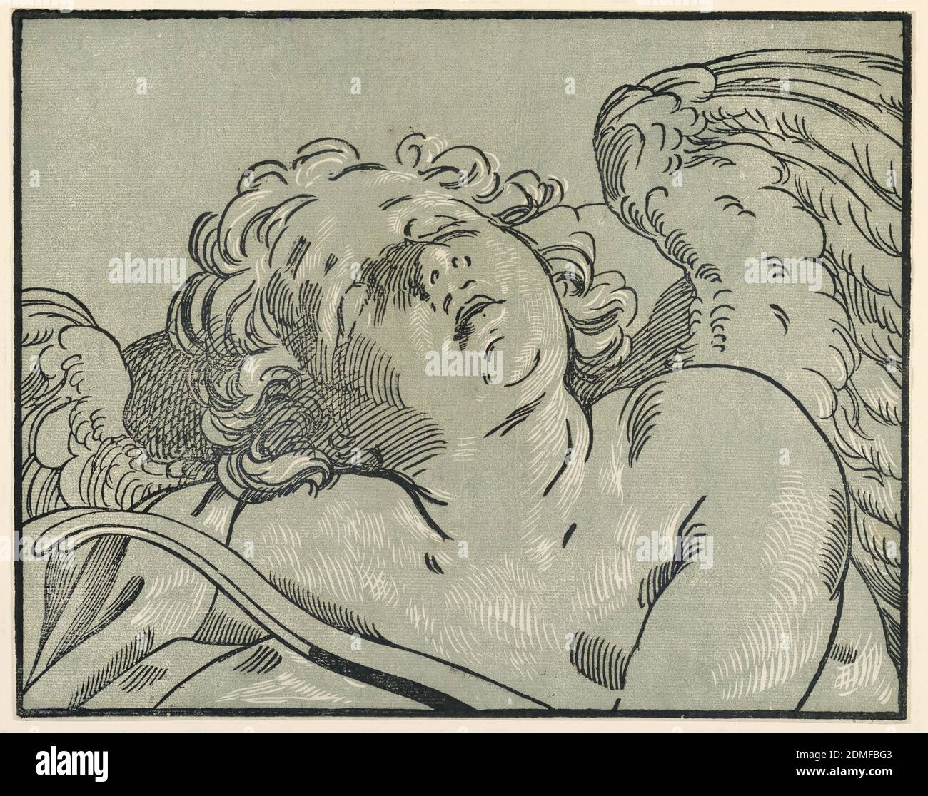 A Sleeping Amor, Bartolomeo Coriolano, Guido Reni, (Italienisch, 1575–1642), Chiaroscuro Holzschnitt in blaugrau und schwarz gedruckt aus zwei Blöcken, Italien, 1630–1645, Print Stockfoto
